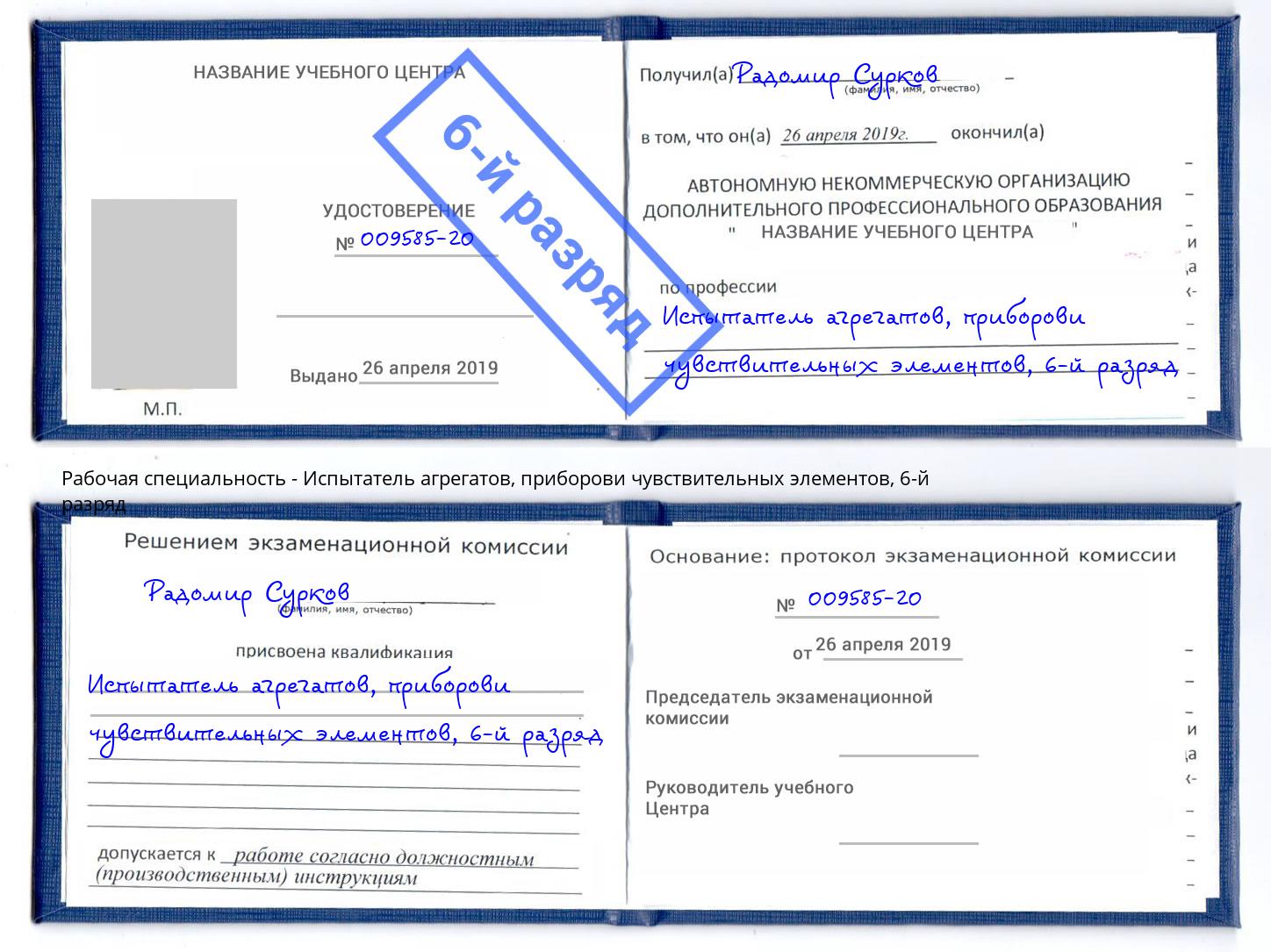 корочка 6-й разряд Испытатель агрегатов, приборови чувствительных элементов Нягань