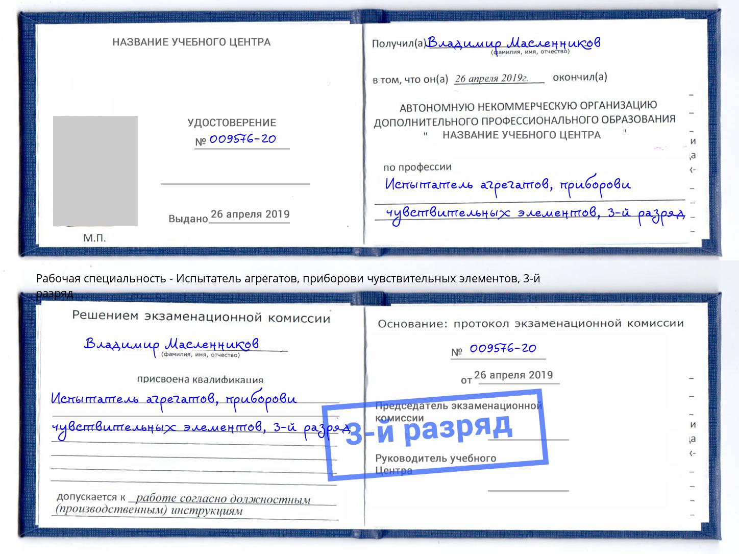корочка 3-й разряд Испытатель агрегатов, приборови чувствительных элементов Нягань