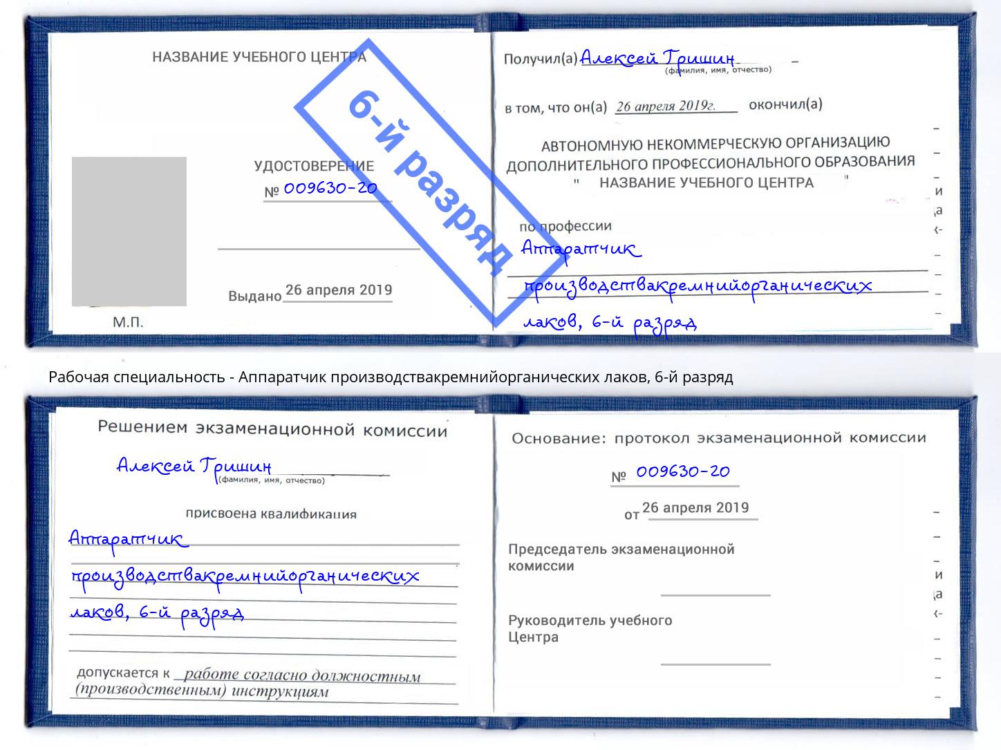 корочка 6-й разряд Аппаратчик производствакремнийорганических лаков Нягань