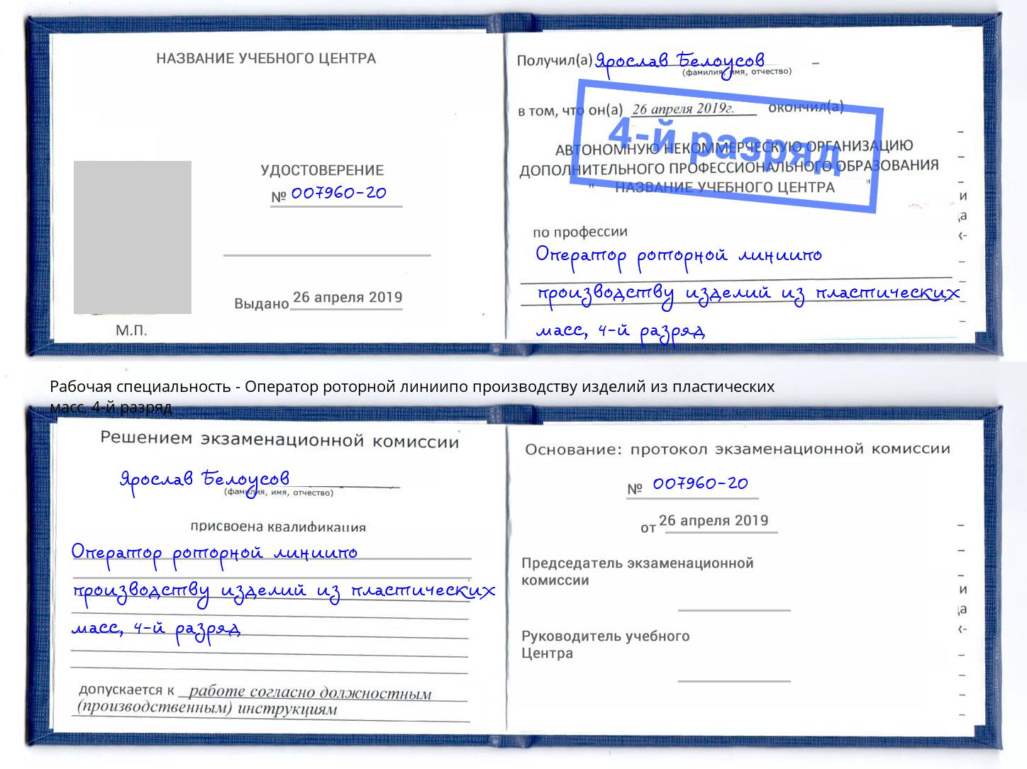 корочка 4-й разряд Оператор роторной линиипо производству изделий из пластических масс Нягань